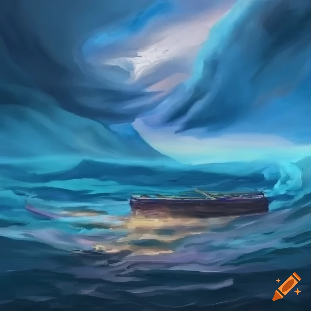 Prehistoric ark on stormy sea made of logs with vines