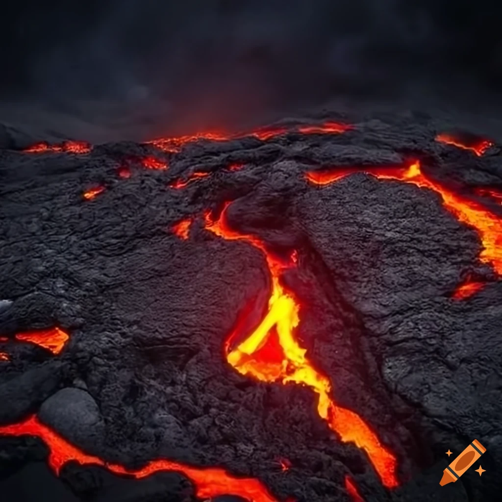 Surface of a lava planet with a volcano in the background