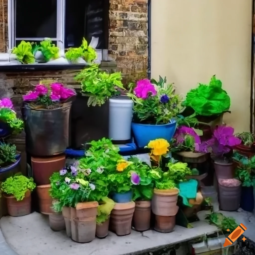 Many geranium-filled flower pots in a West London Victorian block's backyard