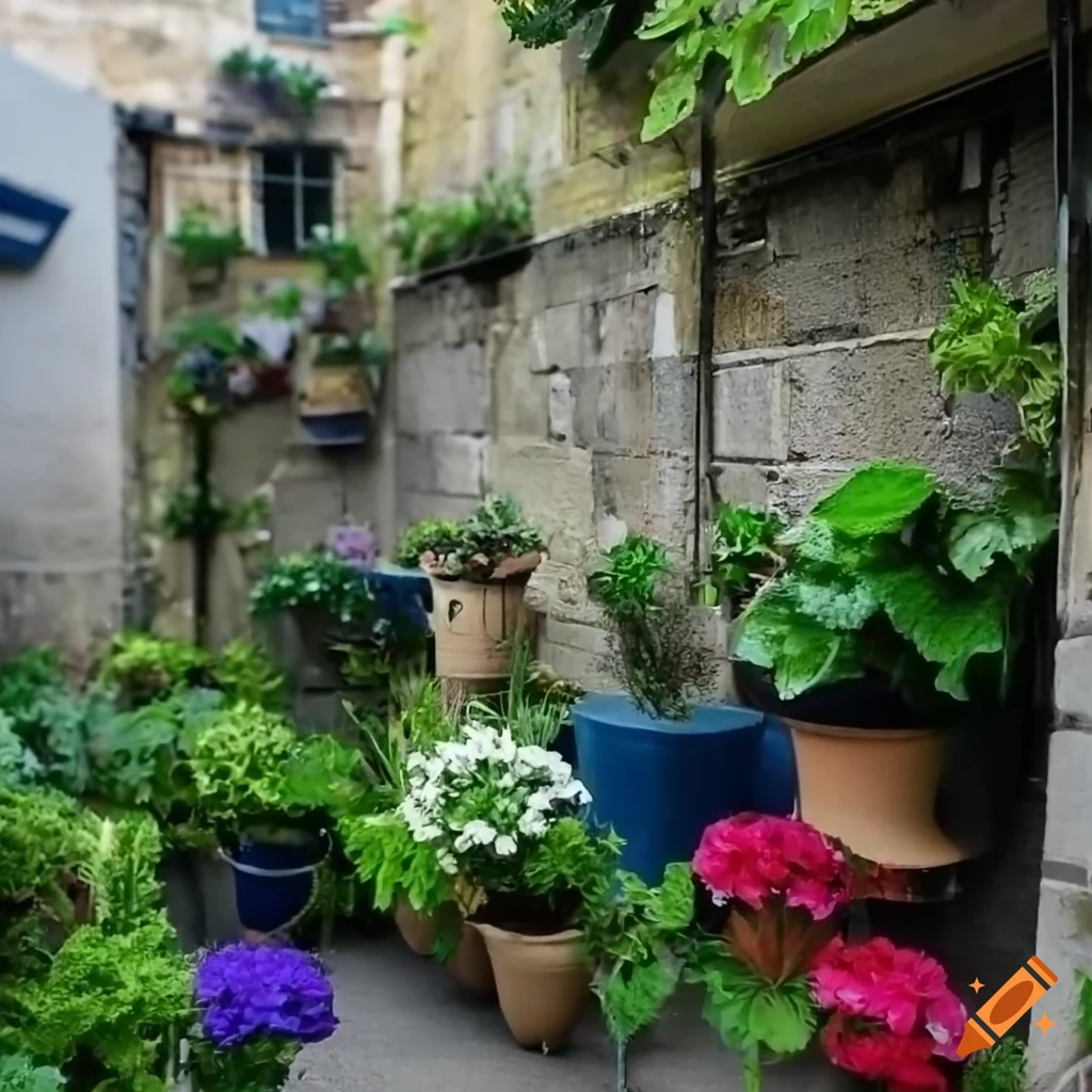 Many geranium-filled flower pots in a West London Victorian block's backyard