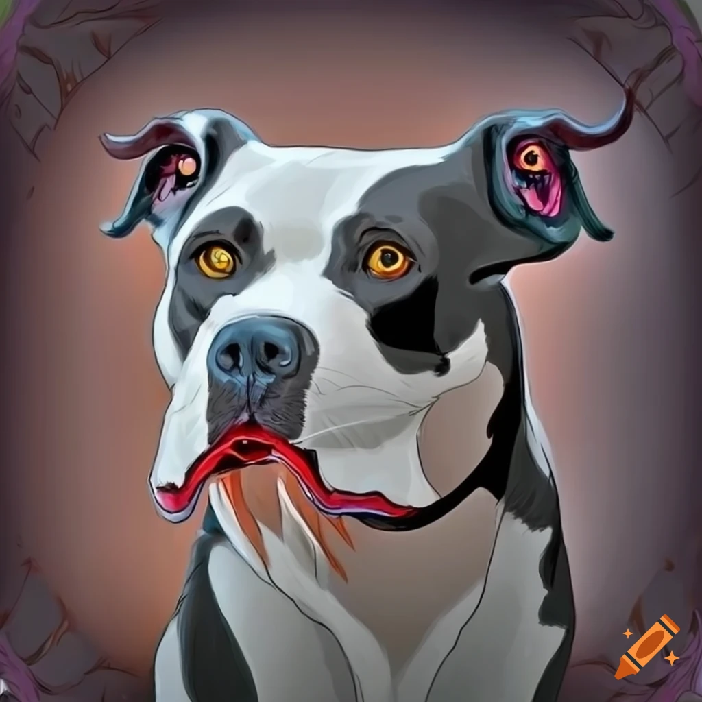 Large muscular black and white pit bull in a fantasy style