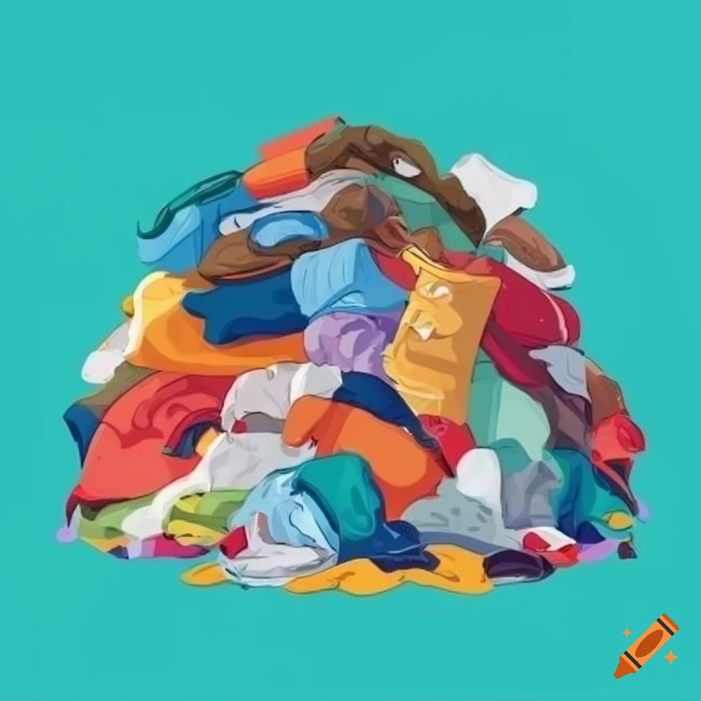 Pile of colorful clothing in a landfill in a vector drawing