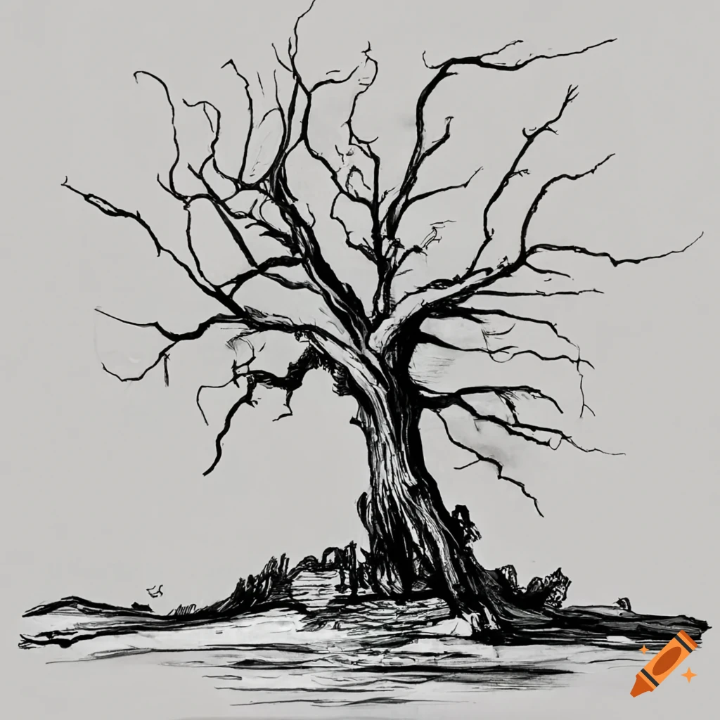 Black and white ink drawing of a dead tree in a serene landscape