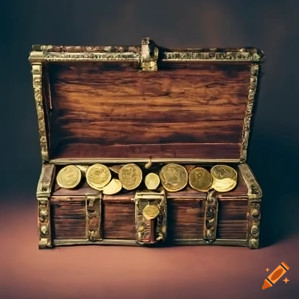 Ancient chest with golden coins and gemstones emitting light