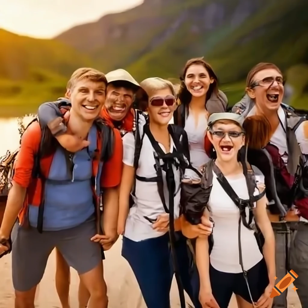 Joyful tourists posing in a scenic location