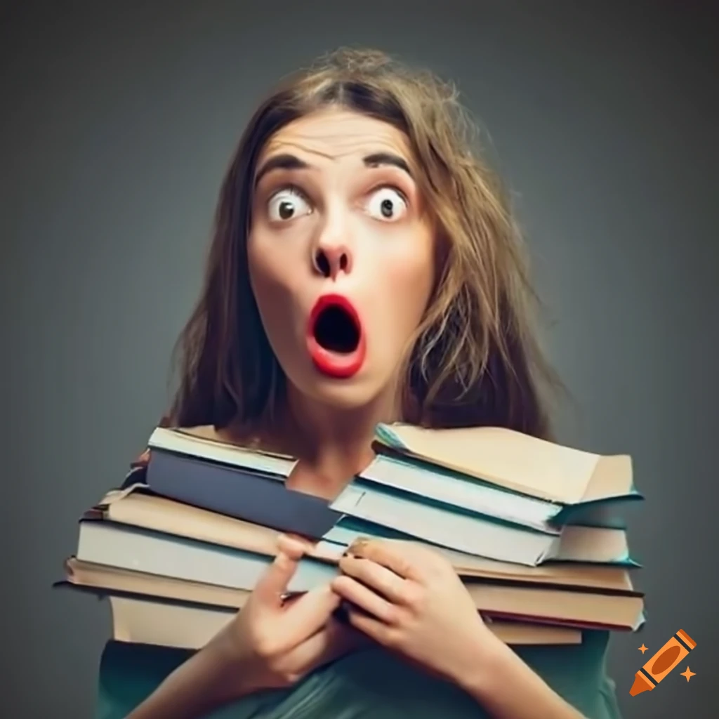 Young woman surrounded by French textbooks and exam papers with a shocked expression
