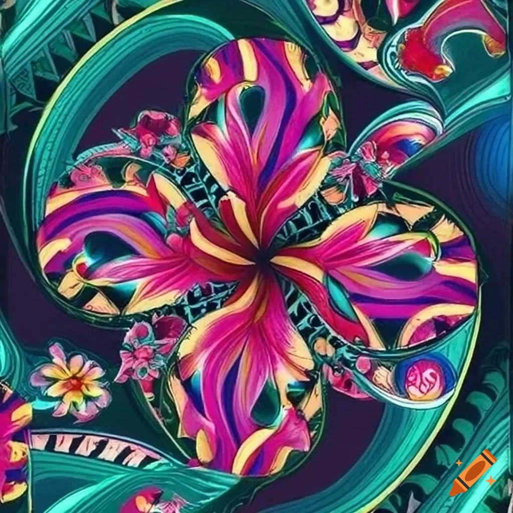 Vibrant Polynesian floral print with hibiscus, plumeria, and orchids in bright colors