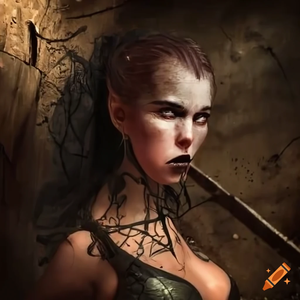 Fierce warrior woman in a derelict basement