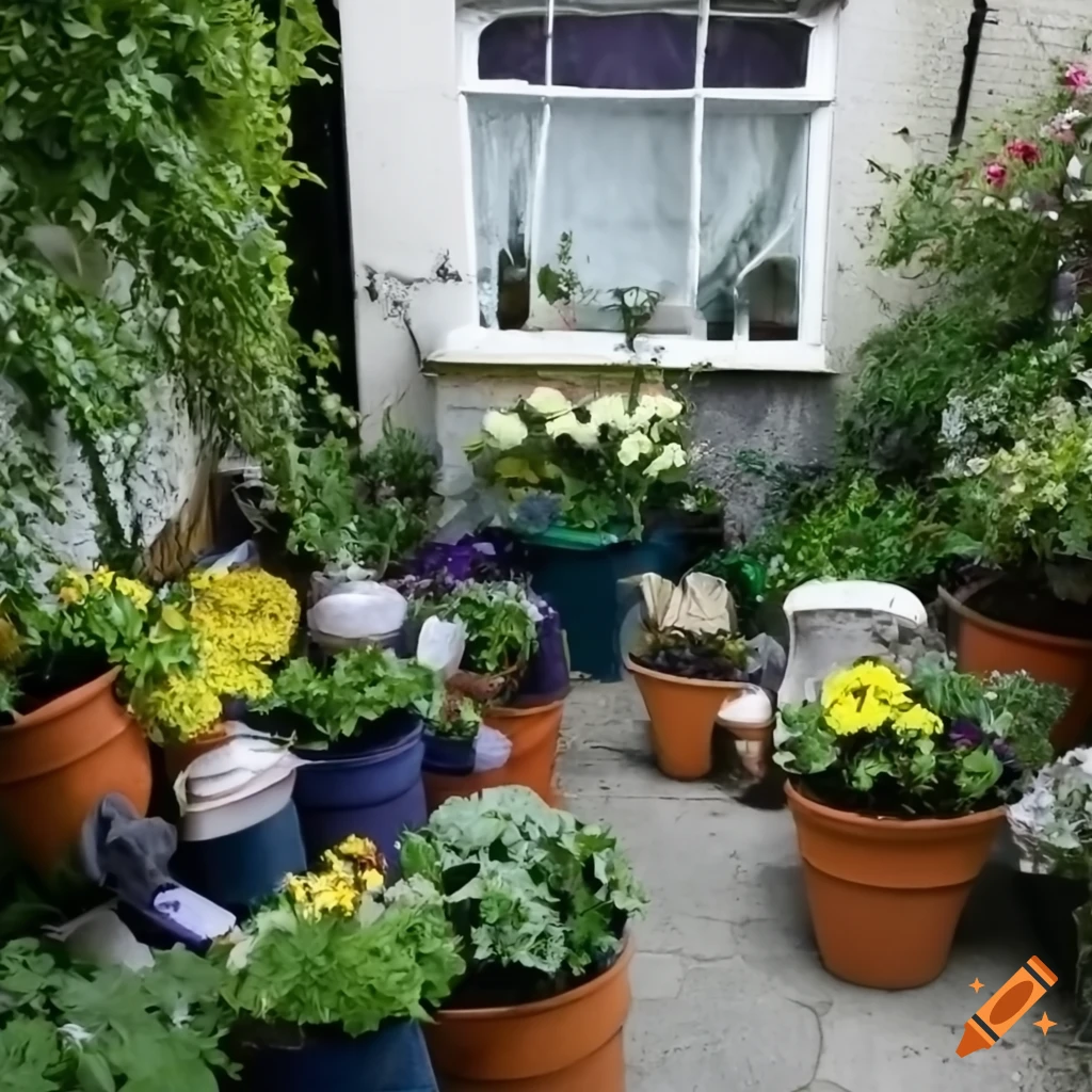 Many geranium-filled flower pots in a West London Victorian block's backyard