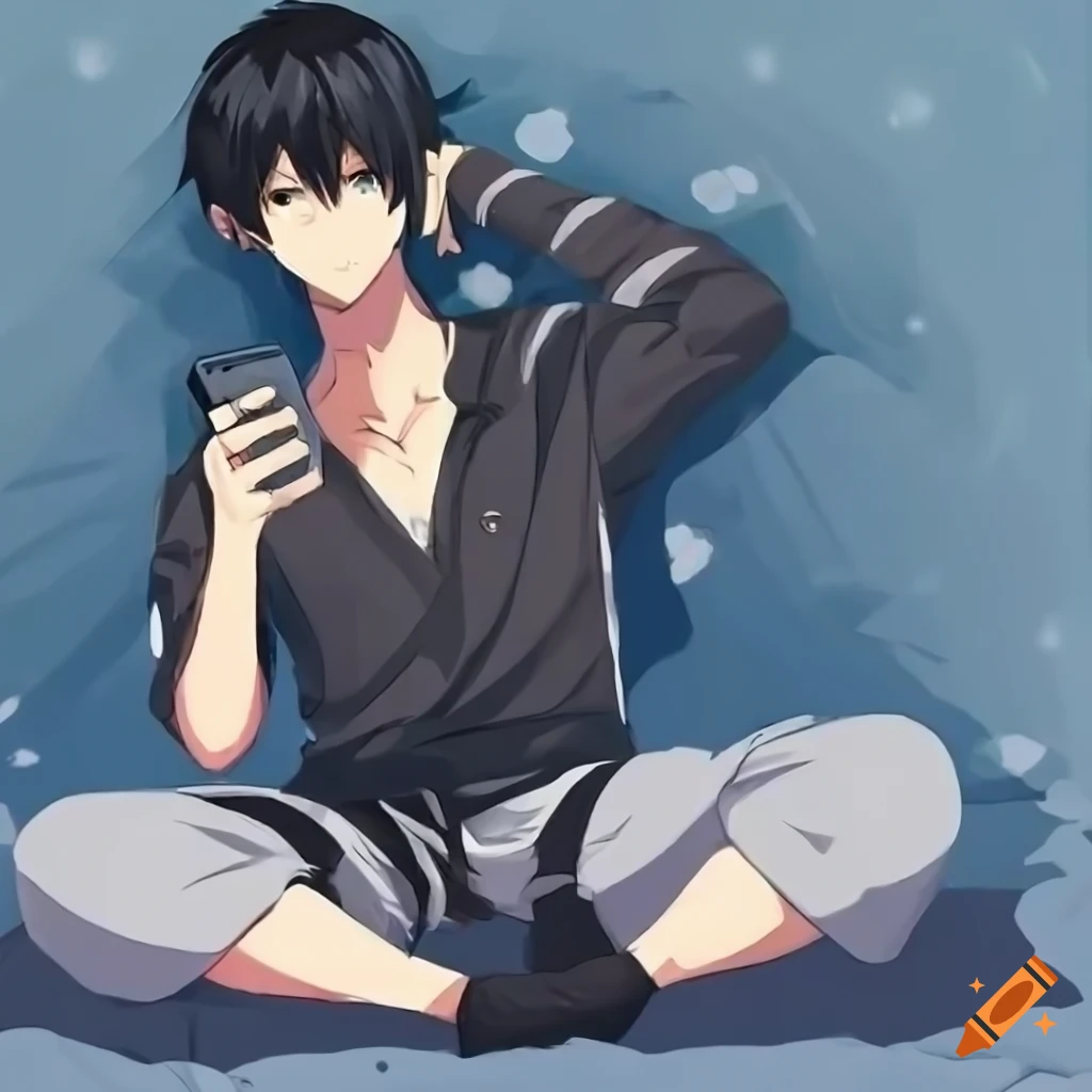 Anime male character relaxing in bed using smartphone