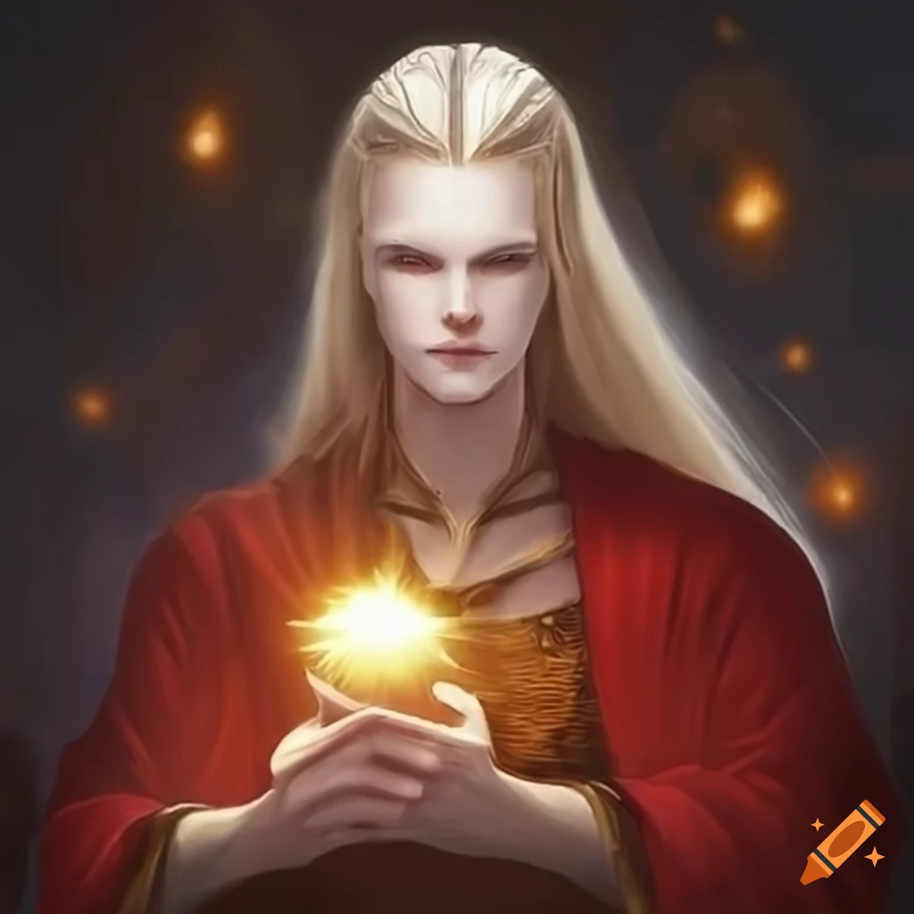 White fantasy king with golden hair, red robe, holding orb of white magic light