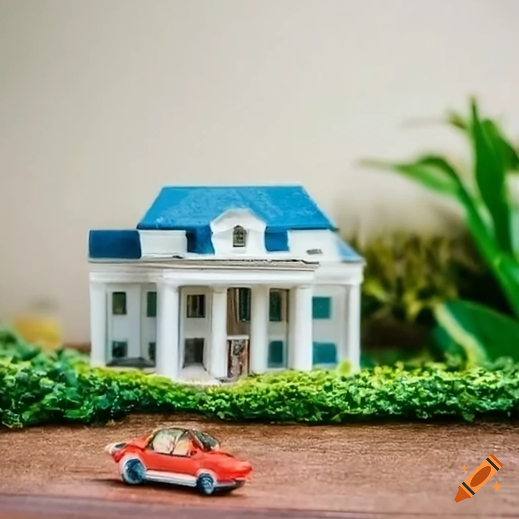 Miniature white mansion with potted plants, swimming pool, and car in diorama