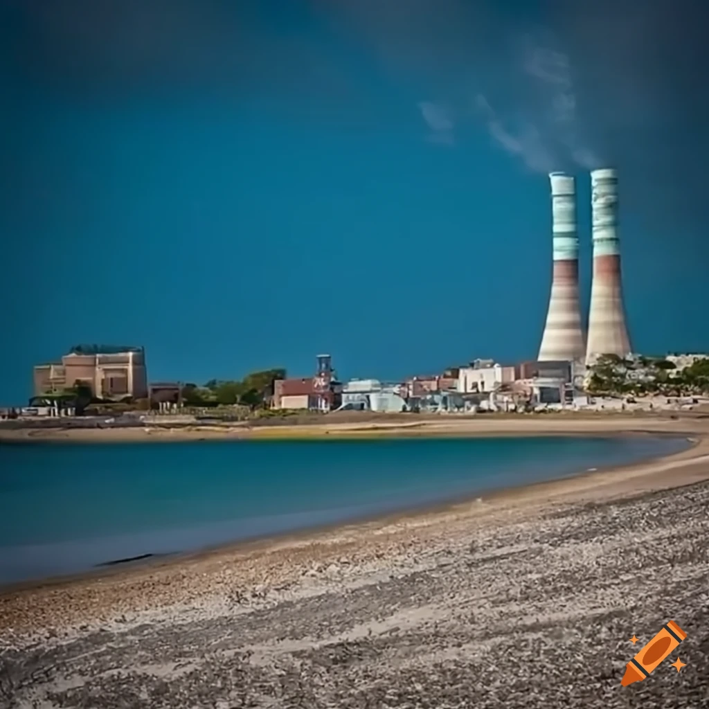 Power plant cables connecting to a beach and small town