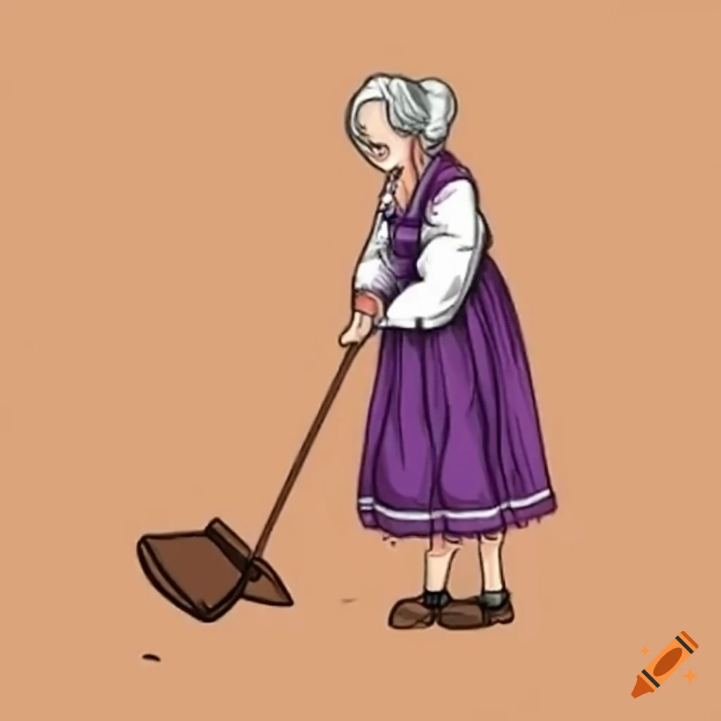 Anime elderly woman sweeping in the countryside on Craiyon