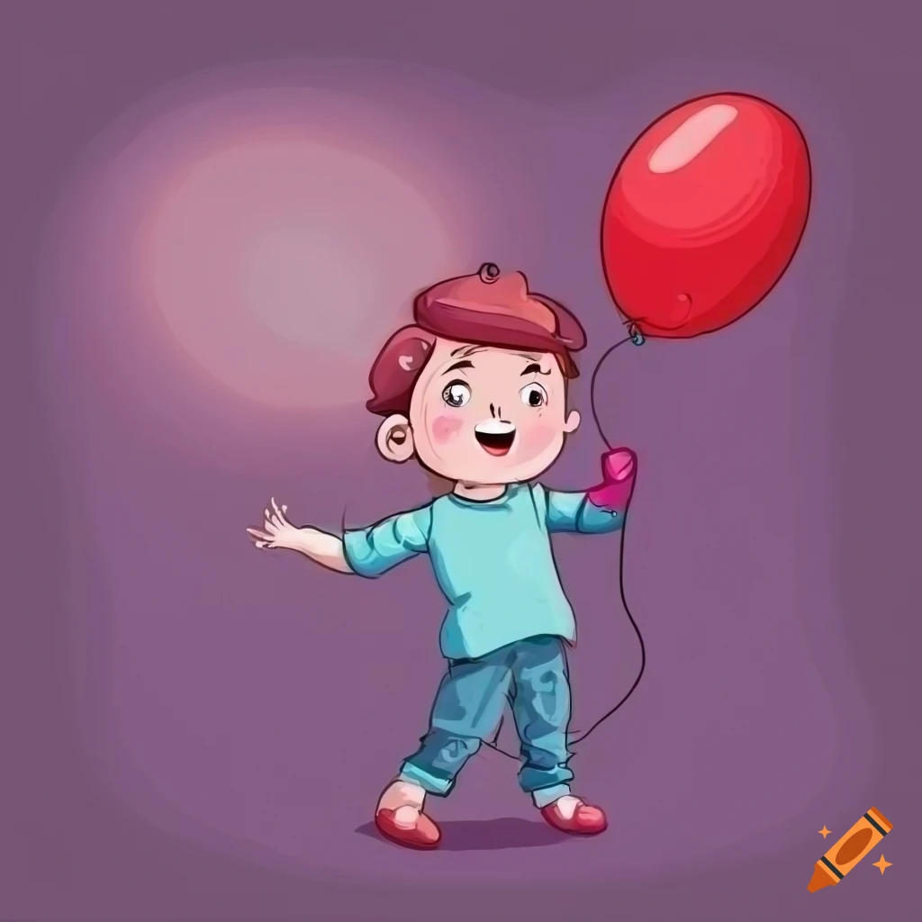 Boy playing with a red balloon in bubbly pastel cartoon style