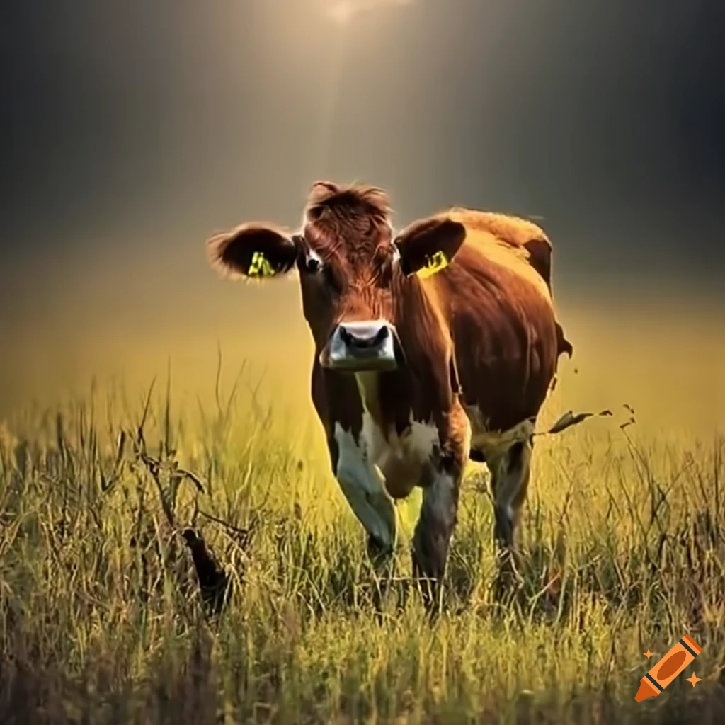 Cow in a sunny meadow eating grass