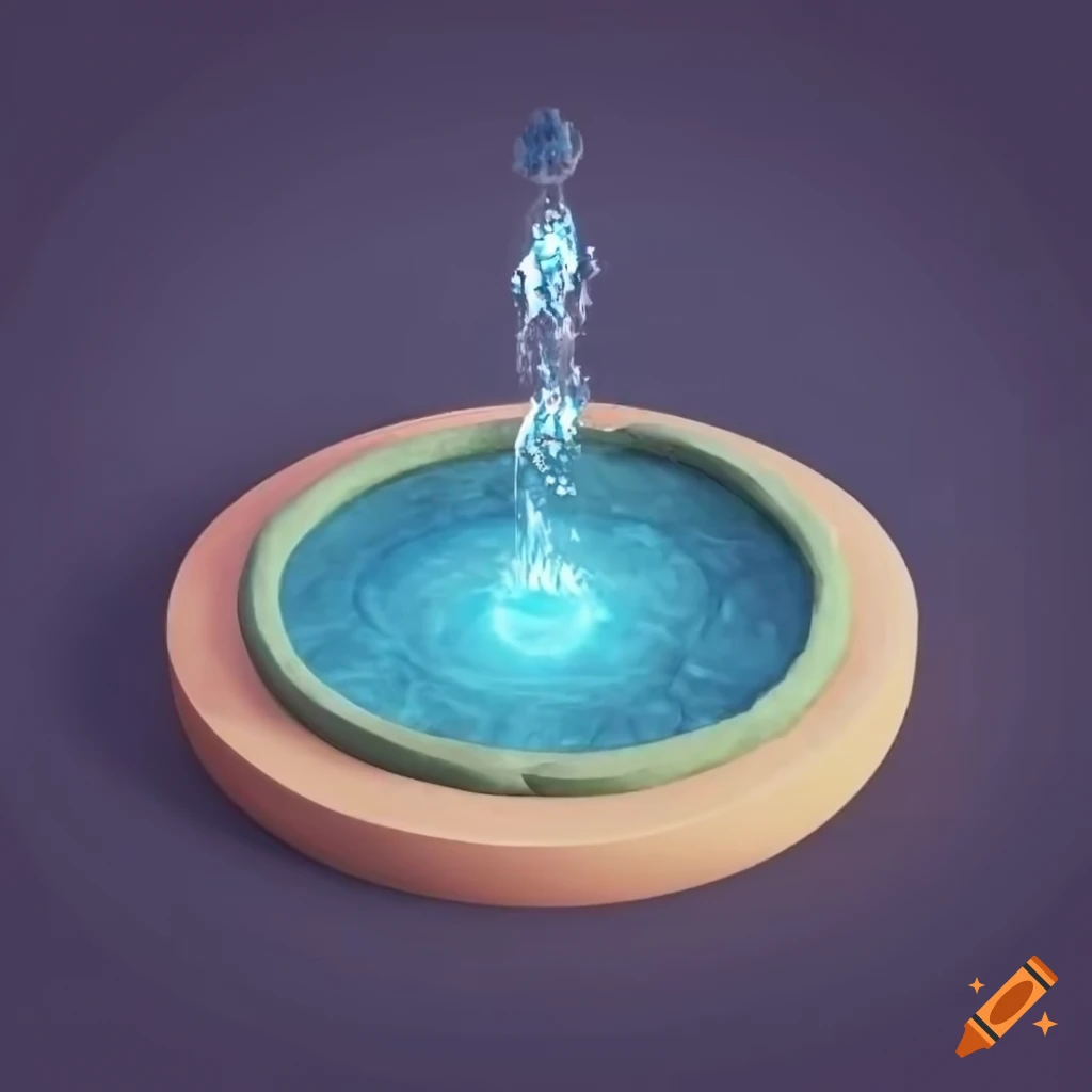 Isometric view of a 3D round stone fountain with light mana