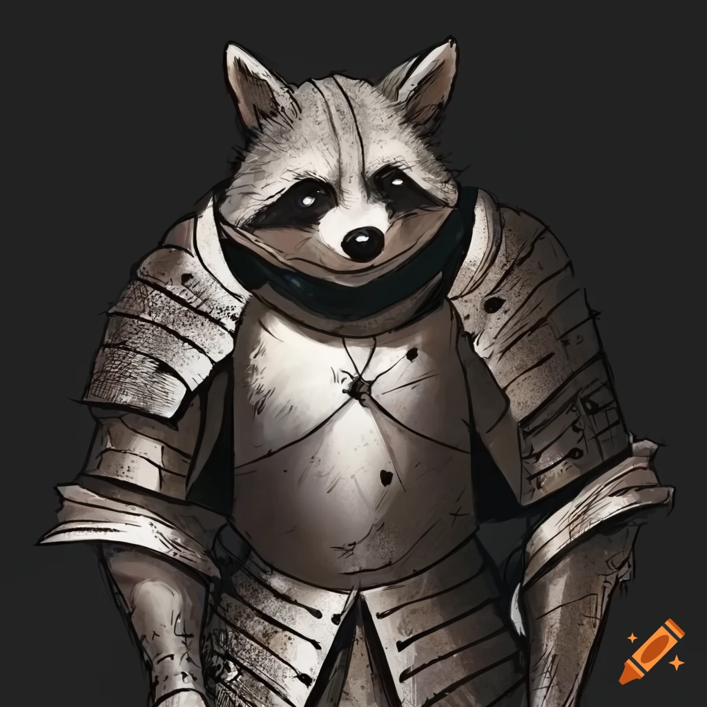 Raccoon in armor with a sword smiling