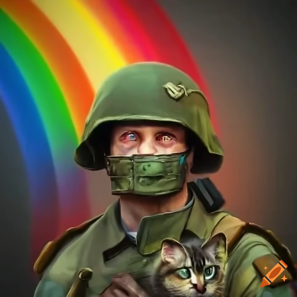 Happy soldier surrounded by rainbows, kittens, and happy things instead of war