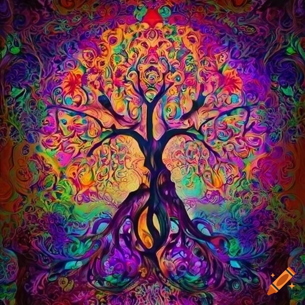 Intricately designed Bohemian-style Tree of Life with colorful symbols
