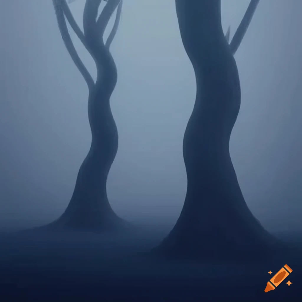 Ethereal landscape with twisted black trees in mist