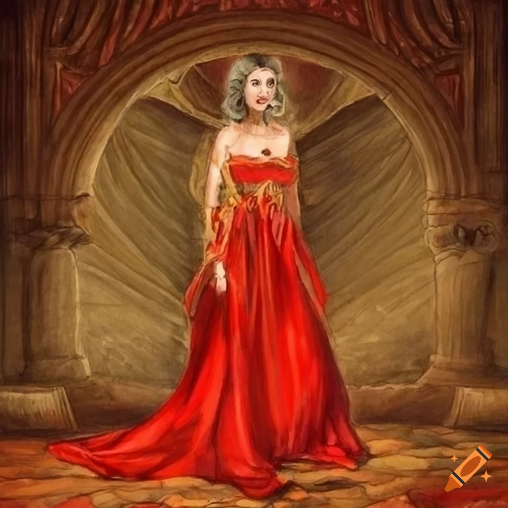 Smiling young woman in a red gold dress standing on a rock in an ...