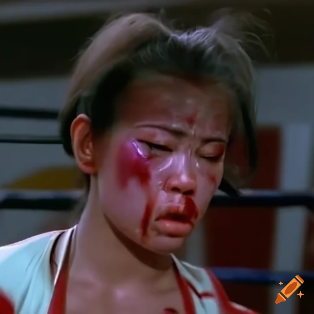Expressive closeup of bruised Vietnamese female fighter from 80's screencap