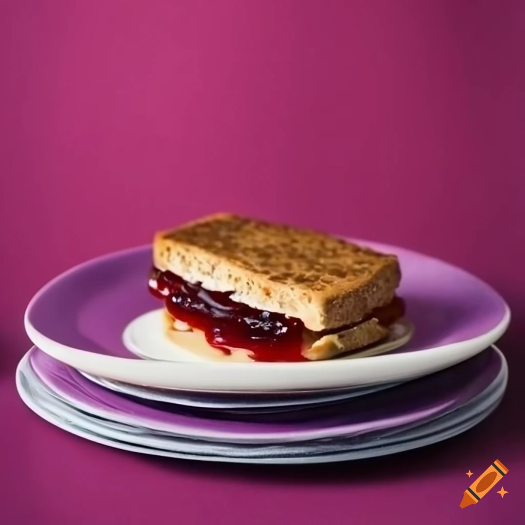 Homemade peanut butter and jelly sandwich on a fuchsia plate