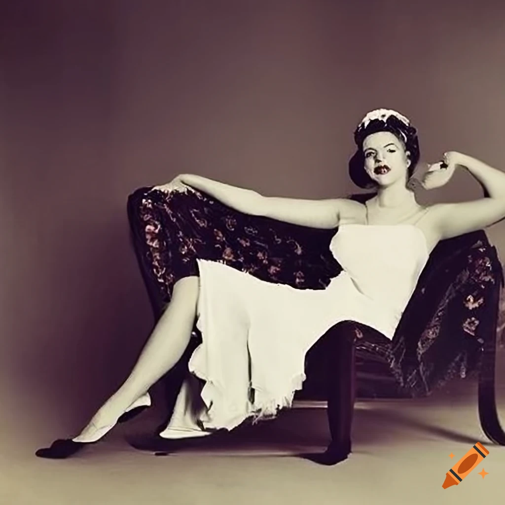 Glamorous 1920s dancer lounging on a chaise longue in a tin type photograph