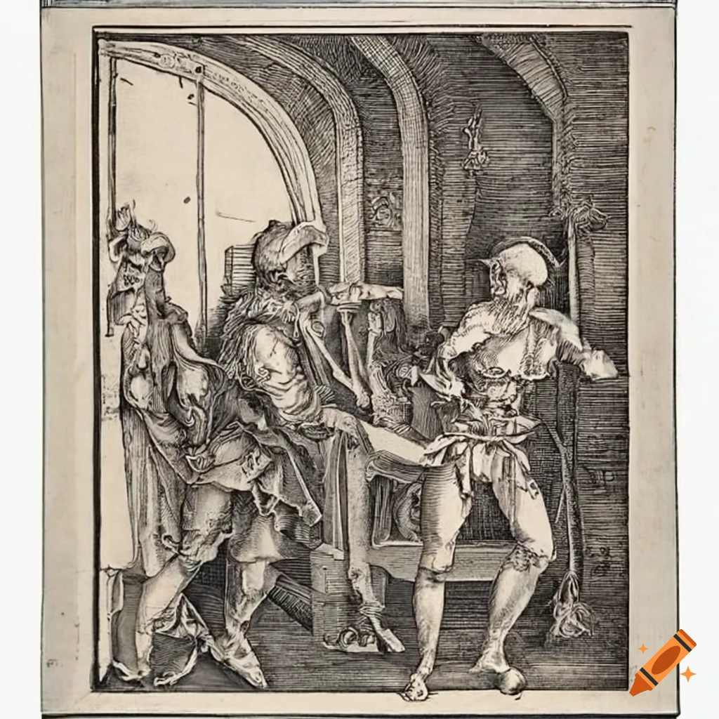 Medieval city guard arresting a man in detailed black and white etching by Albrecht Durer