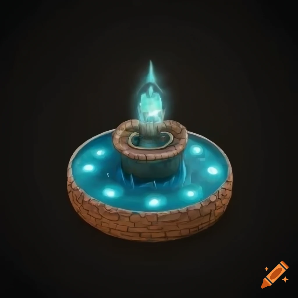 Isometric view 3D drawing of a round stone fountain with light mana