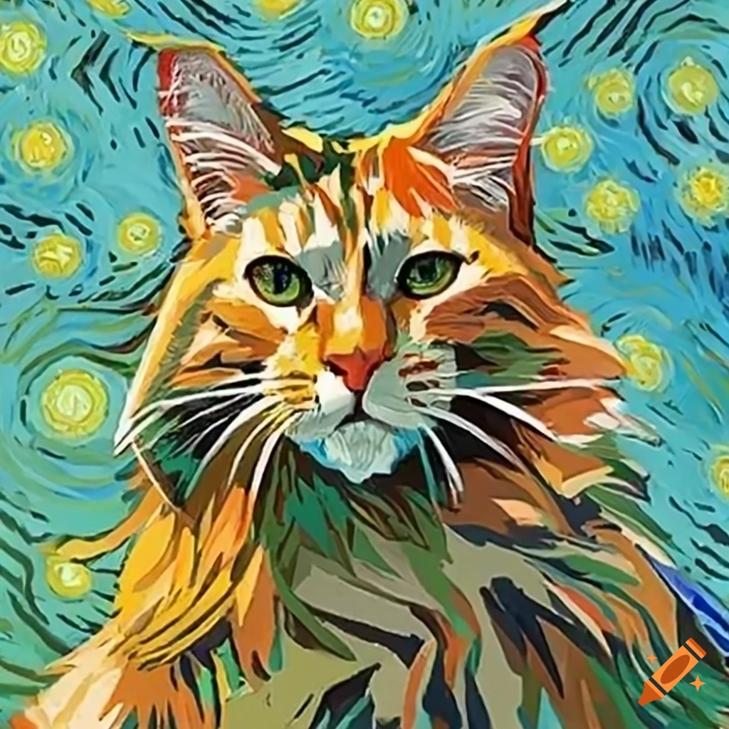 Maine Coon cat in the style of Van Gogh's illustrative art