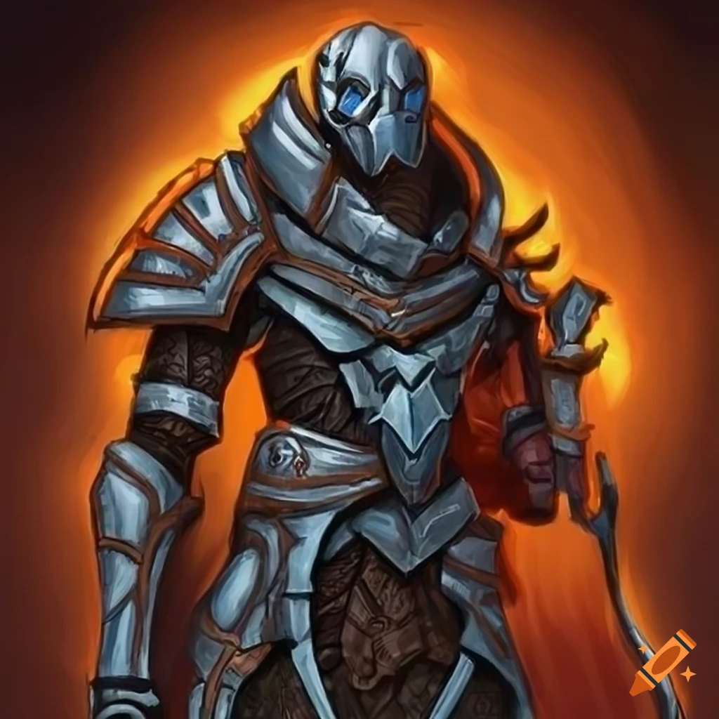 Elegant Warforged cleric in highly detailed armor ready for battle