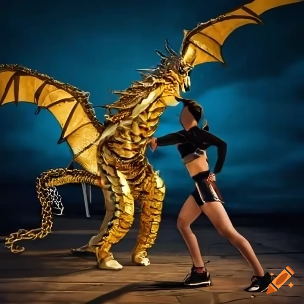 Epic battle between a dragon and a giant in stylish attire
