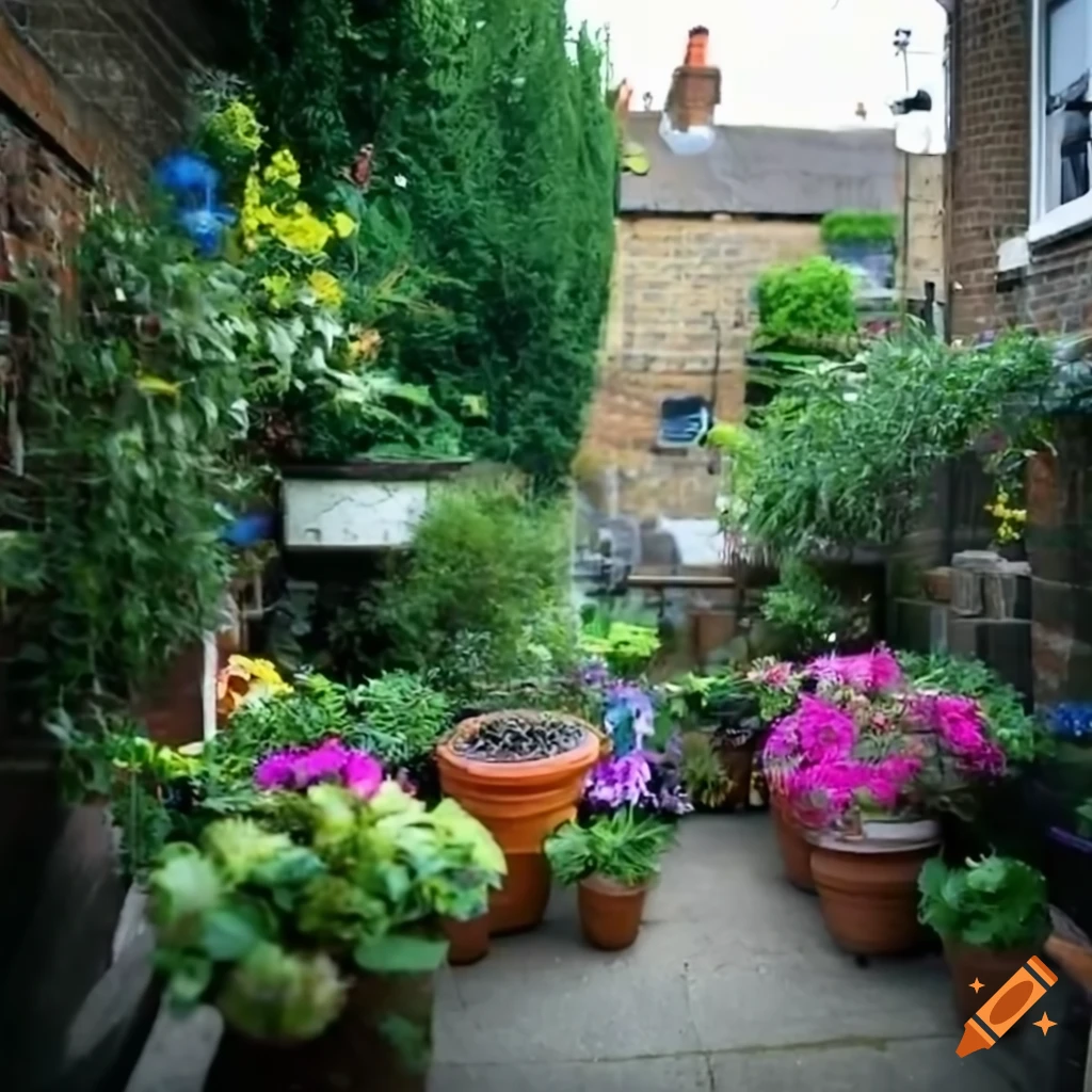 Many geranium-filled flower pots in a West London Victorian block's backyard