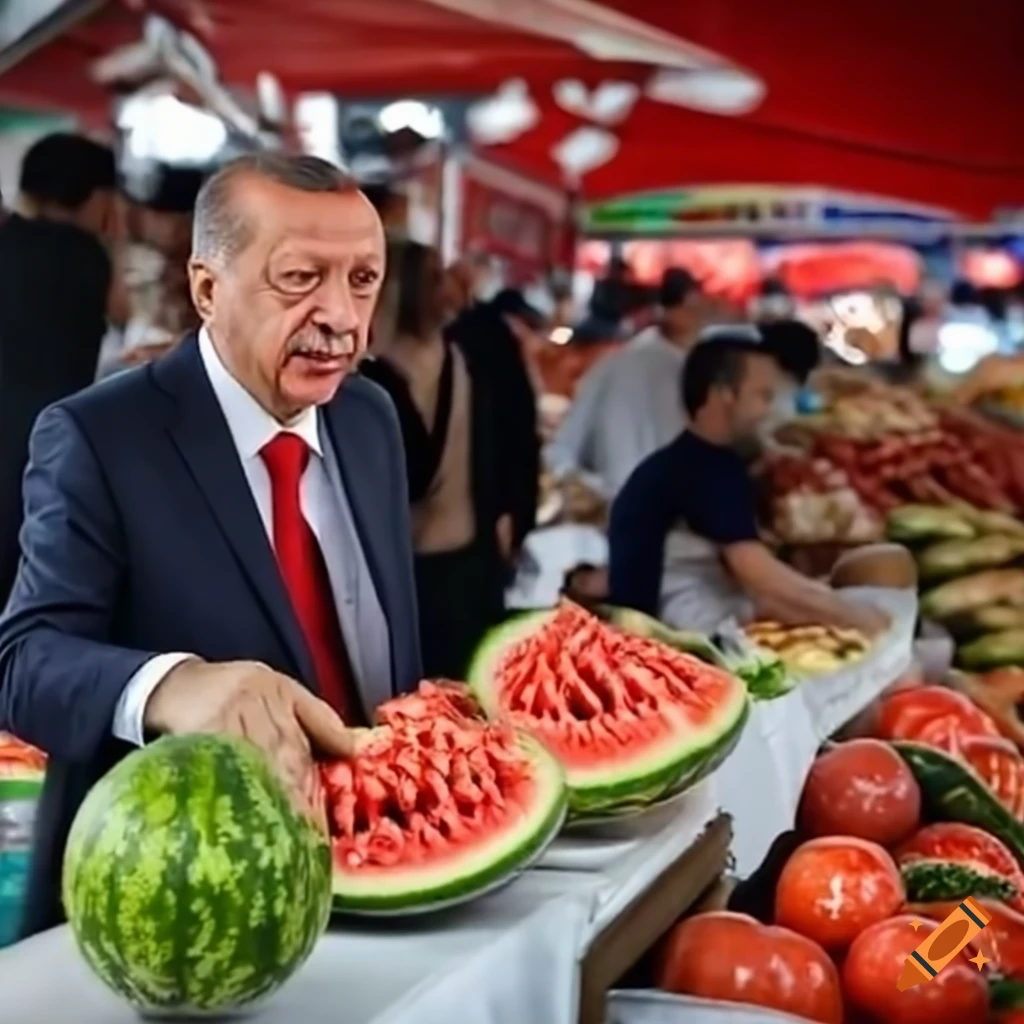 Turkish politician Recep Tayyip Erdogan at a watermelon stand in a market