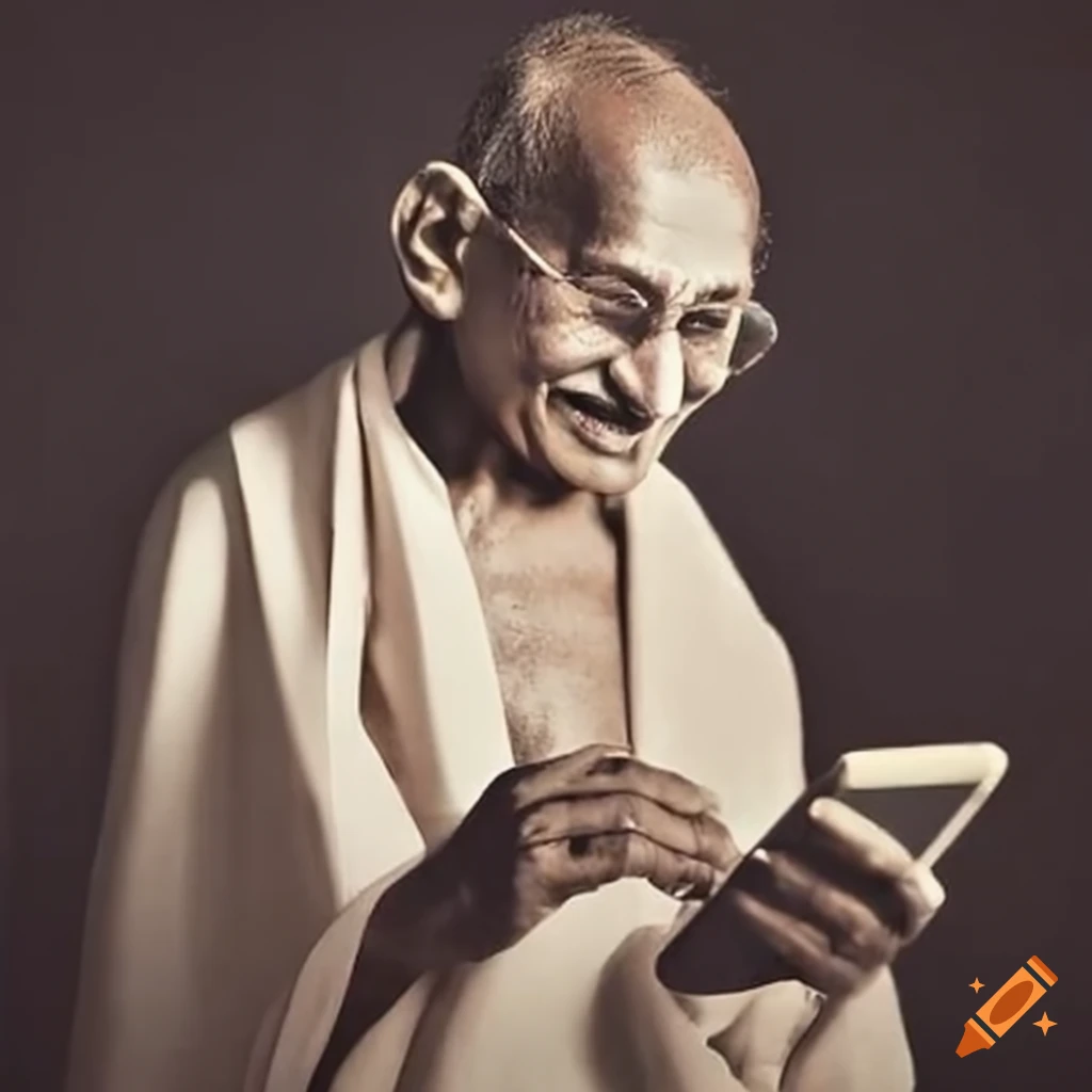 Gandhi holding a smartphone with New Delhi in the background