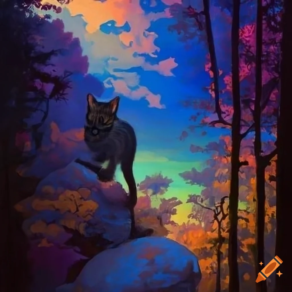 Maxfield Parrish style cat in a colorful forest