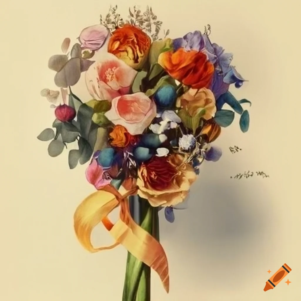 Bouquet with various colorful flowers tied with ribbon