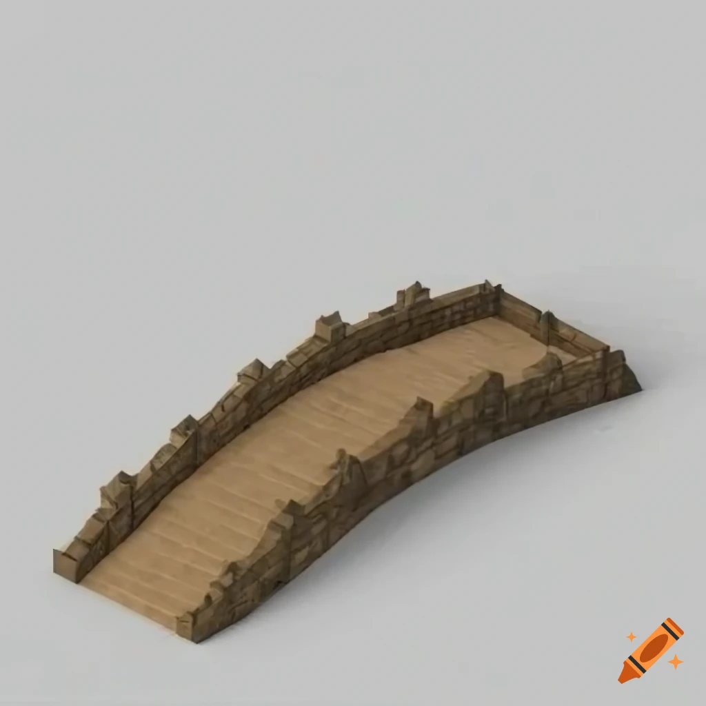 Isometric stone bridge design on white background in old 3D style
