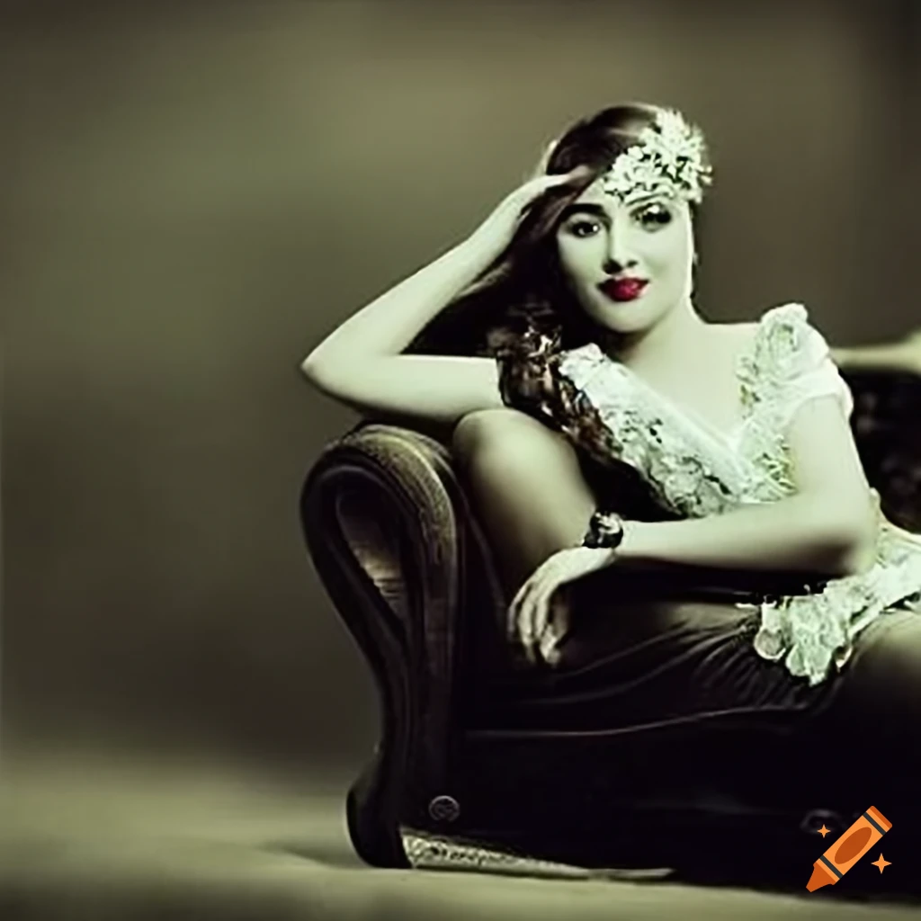 Glamorous 1920s dancer lounging on a chaise longue in a tin type photograph