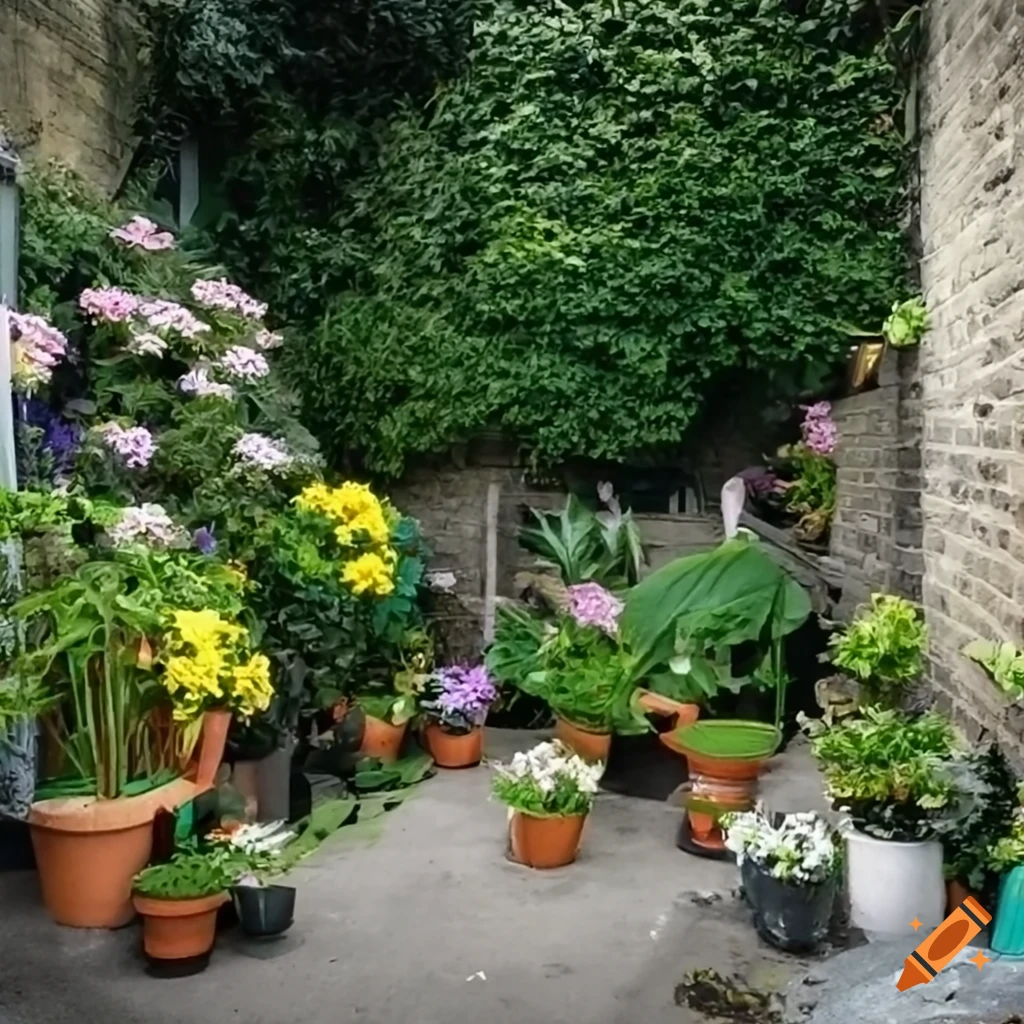 Many geranium-filled flower pots in a West London Victorian block's backyard