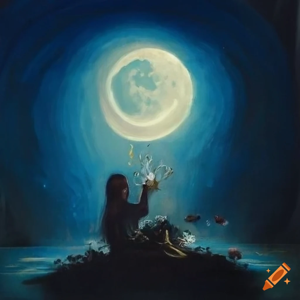Single flower illuminated by moonlight in a painting