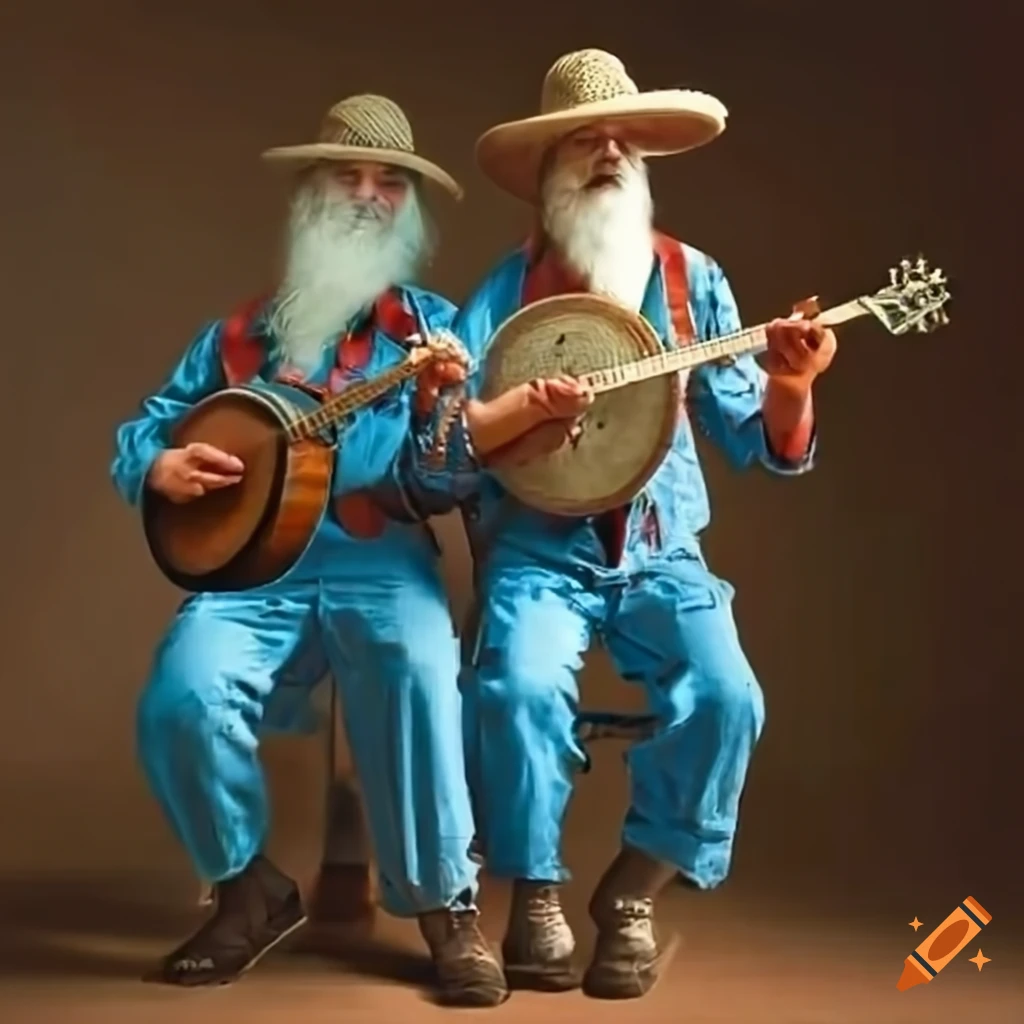 Twin hillbilly musicians playing banjos in blue overalls and straw hats