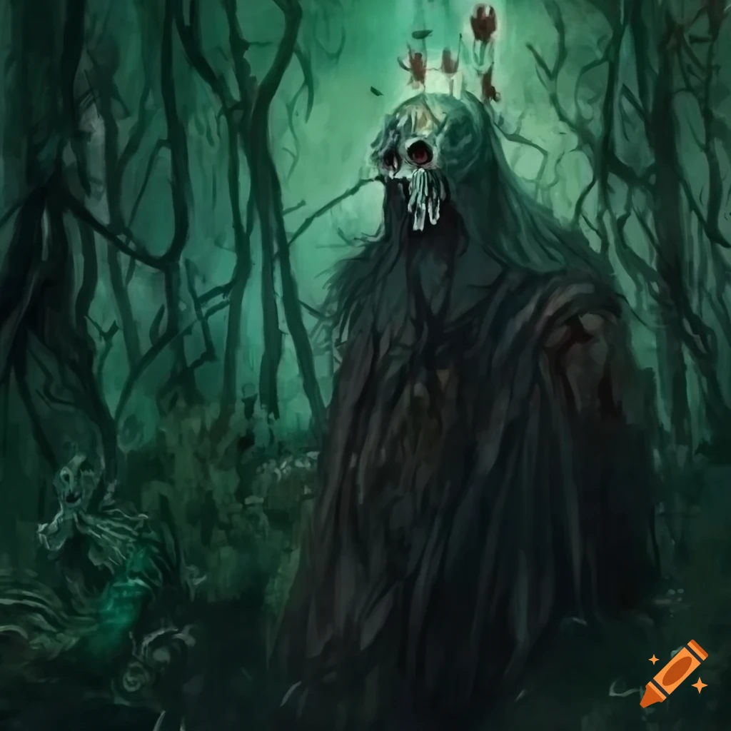 Sinister undead covered in vegetation with glowing eyes in a dark fantasy setting