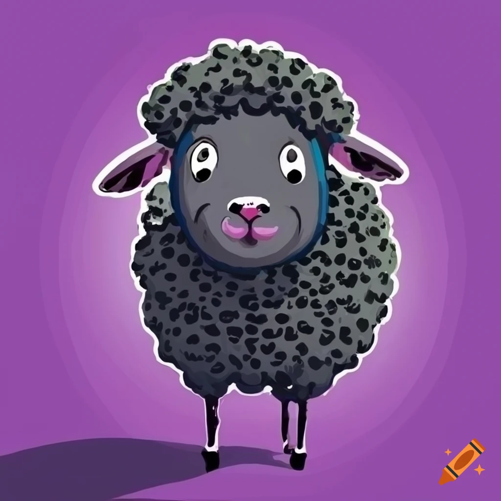 Cartoon black sheep with purple spots