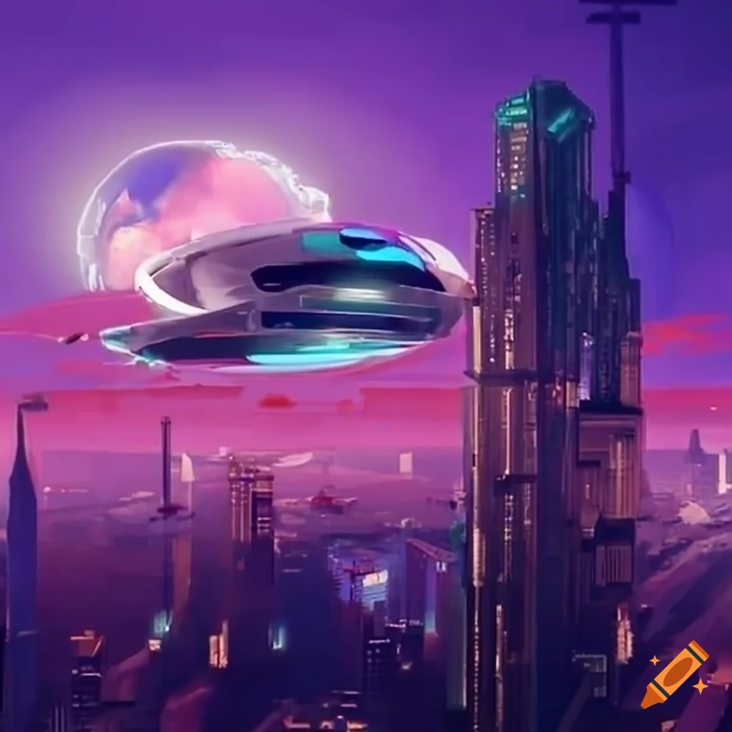 Futuristic cityscape with gleaming towers and flying cars on Craiyon