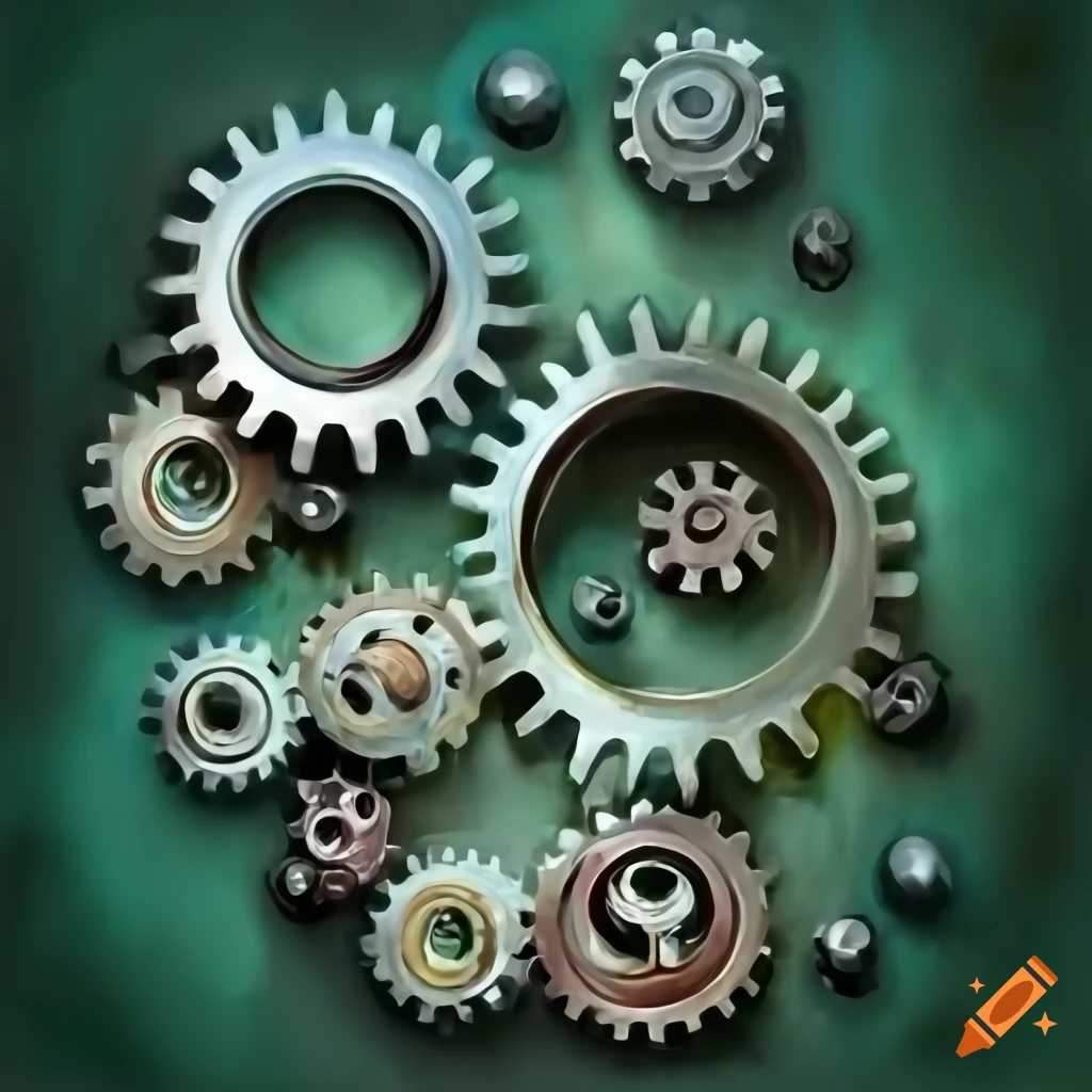 Arrangement of gears and metal parts on a green background
