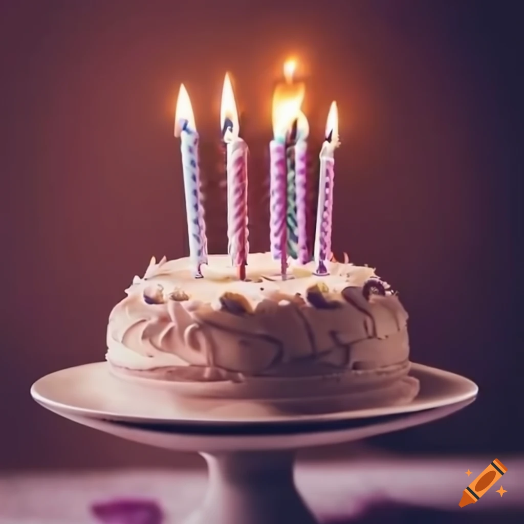Birthday cake with burning candles on a table