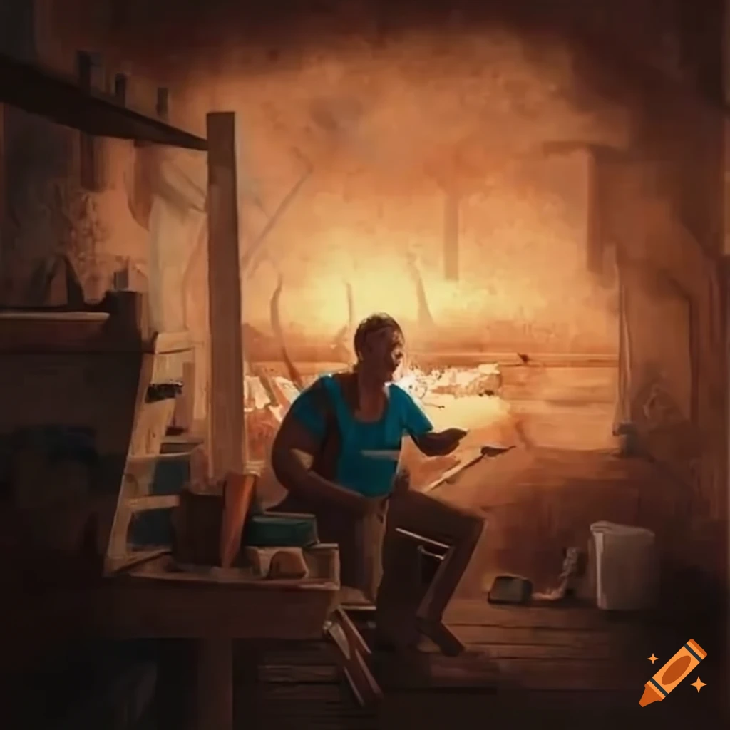 Carpenter creating a landscape scene in a workshop